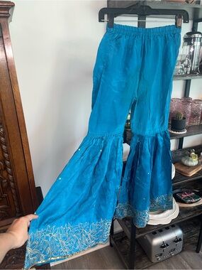 Libas Pants Gold Floral Embroidered Wide Flare Tiered Gharara Boho Indian